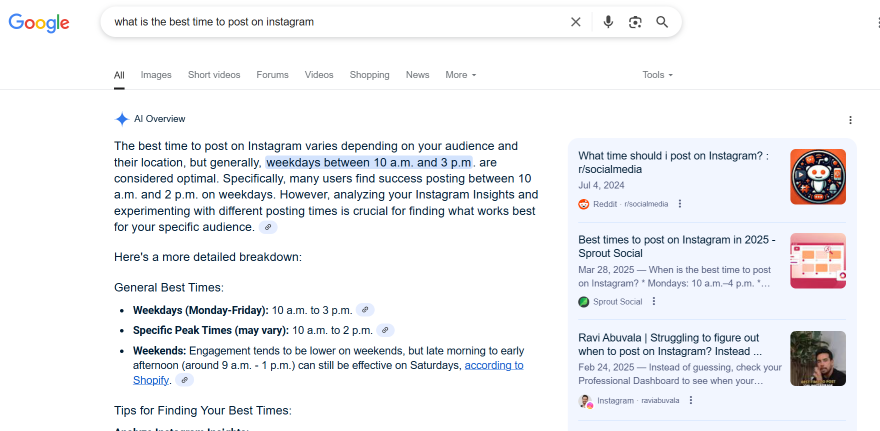 Screenshot of an AI overviews summary covering the best times to post on Instagram alongside webpage citations