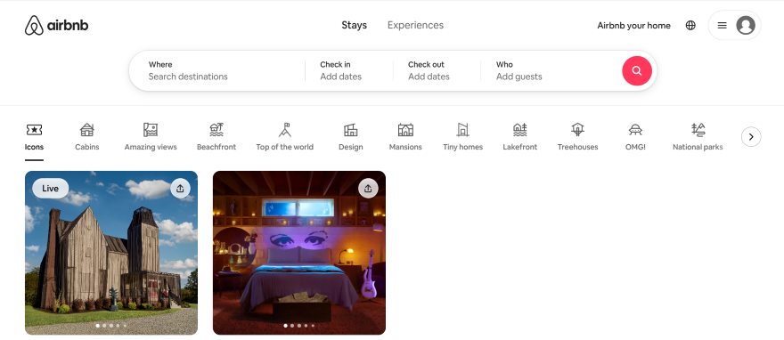 Screenshot of Airbnb's home page with navigation bar with different types of accomodation
