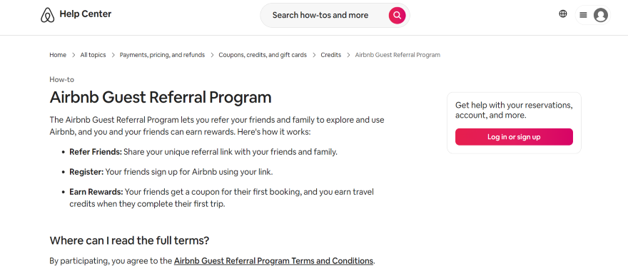 Screenshot of an Airbnb help page detailing its guest referral program