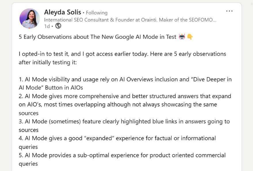 LinkedIn post from Aleyda Solis explaining her key AI Mode findings