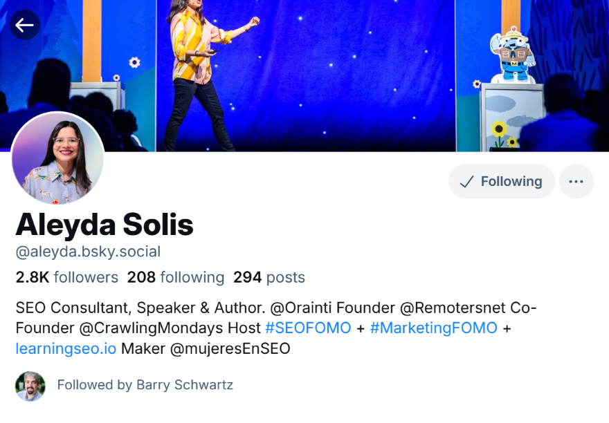 Screenshot of the Bluesky account bio for Aleyda Solis