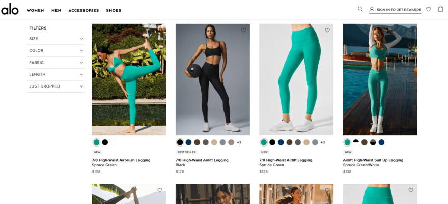 Yoga leggings product category page on Alo