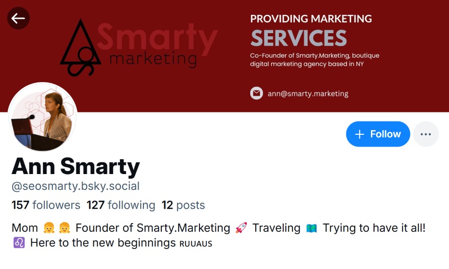 Screenshot of the Bluesky account bio for Ann Smarty