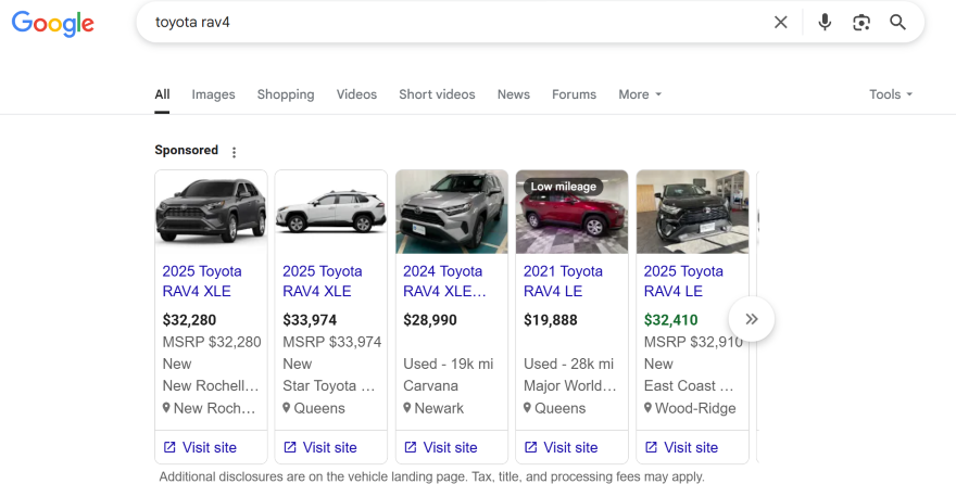 Screenshot of a Google search results page for "toyota rav4," featuring various sponsored listings with prices and vehicle details.