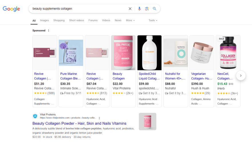 Beauty supplements sponsored products in Google SERP result