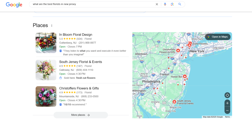 Google search results listing florists in New Jersey next to a local map