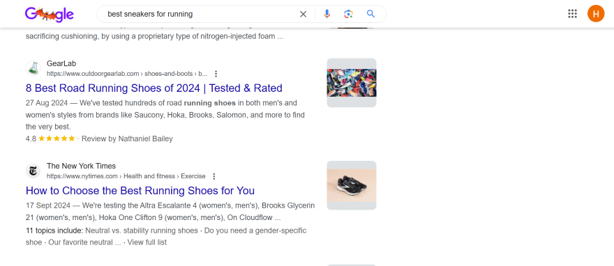 Screenshot of a Google search engine results page for the query "best sneakers for running"