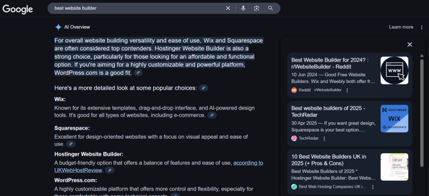 Best Website Builder AI Overview result in Google