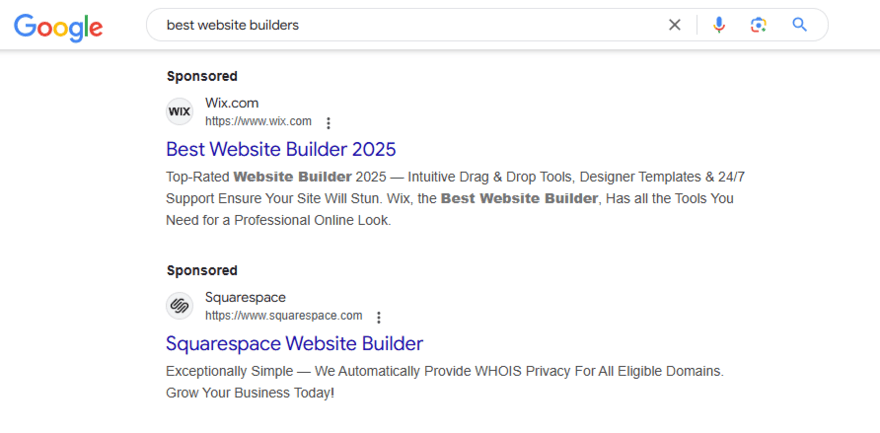 Sponsored posts in Google search result for the term "best website builders"