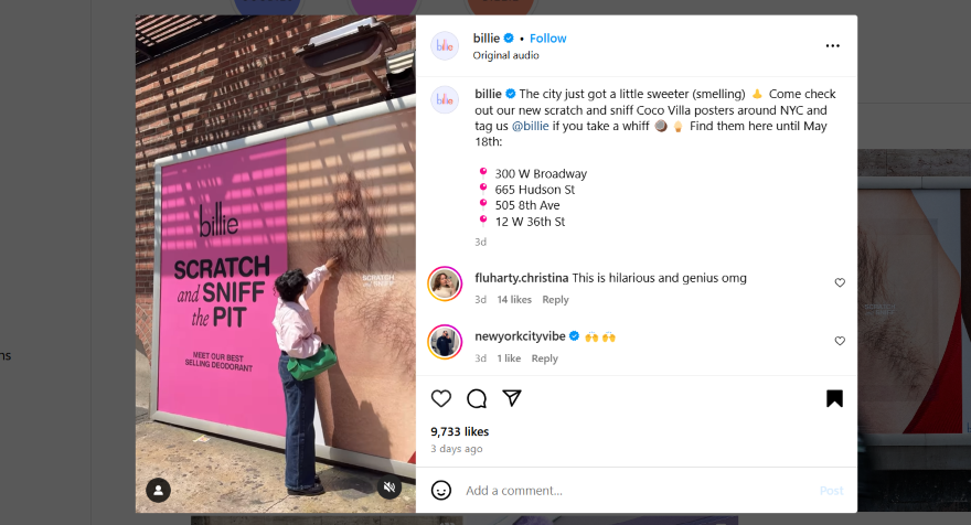 Instagram post of a passerby interacting with a large poster of an armpit
