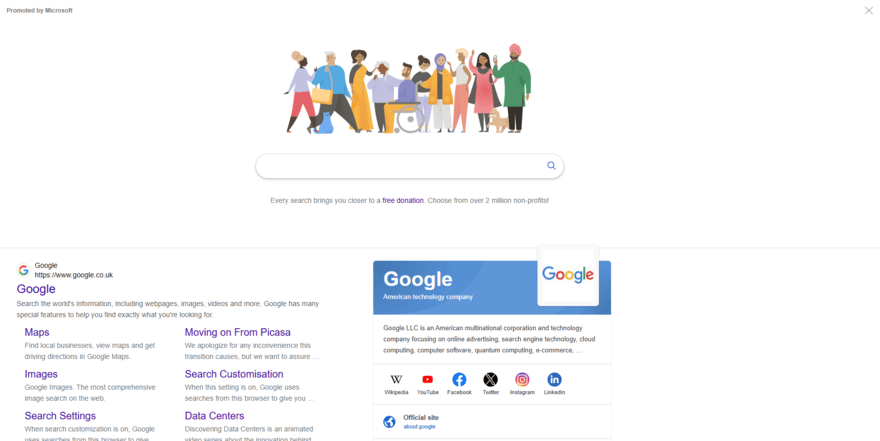 Bing search result page for the term "Google", showing a spoof design to mirror the look of Google's homepage