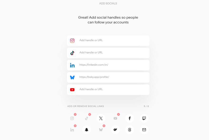 Option to add social media links during Bio Site set up