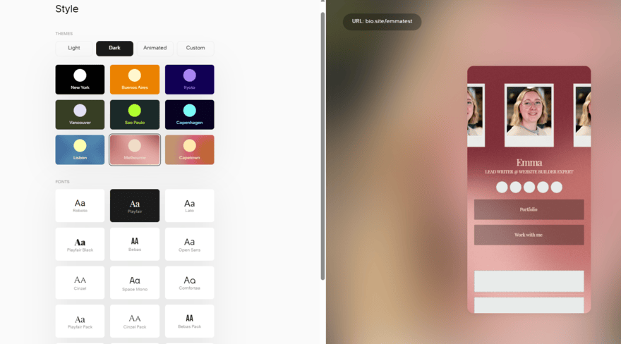Bio Site background style options with different color and font choices