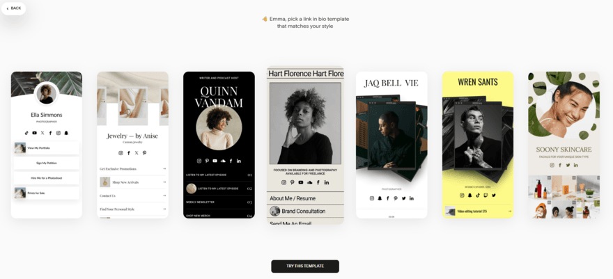 Squarespace Bio Site template options in a carousel element
