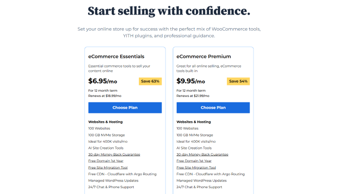 Screenshot of two Bluehost plans, the pricing, and features in a list