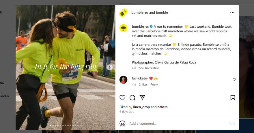 Screenshot of a carousel post on Bumble's Instagram page showing runners in action