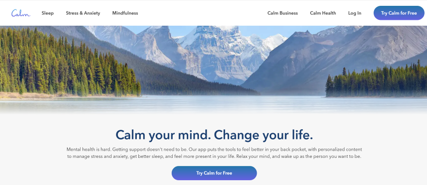 Screenshot of Calm's landing page with hero image of mountains and blue cta button