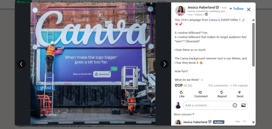 A worker paints a colorful Canva billboard reading “When ‘make the logo bigger’ goes a bit too far,” highlighting creative marketing.