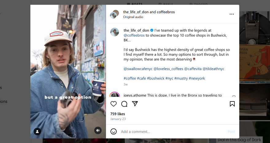 An Instagram reel post with an influencer showcasing the best coffee spots in Bushwick