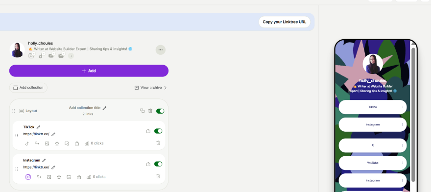 Screenshot of the Linktree dashboard with link-in-bio button to copy URL