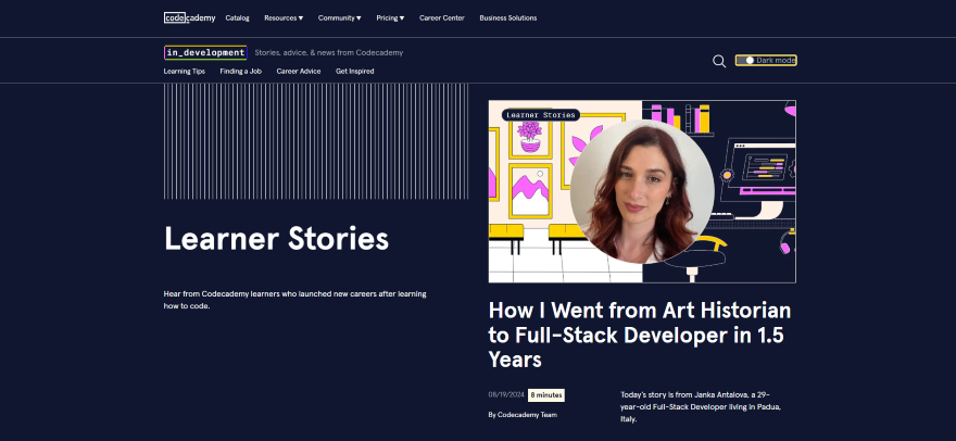 Screenshot of Code Academy's "Learner Stories" page with posts on personal user success stories