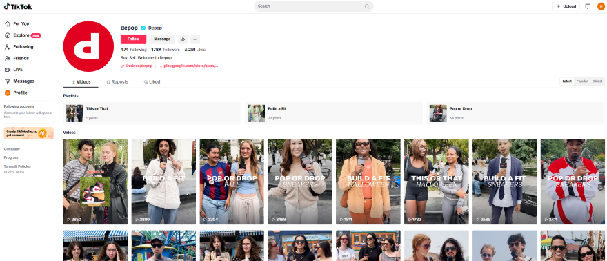 Screenshot of Depop's TikTok account with bio and video thumbnails