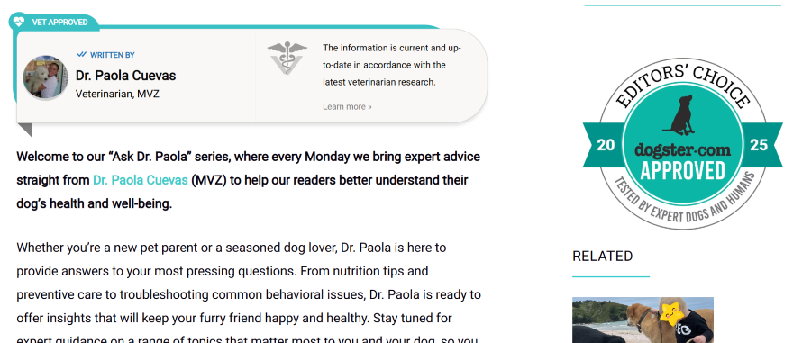 A blog post on a website about dogs with a bio section showcasing a vet's experience