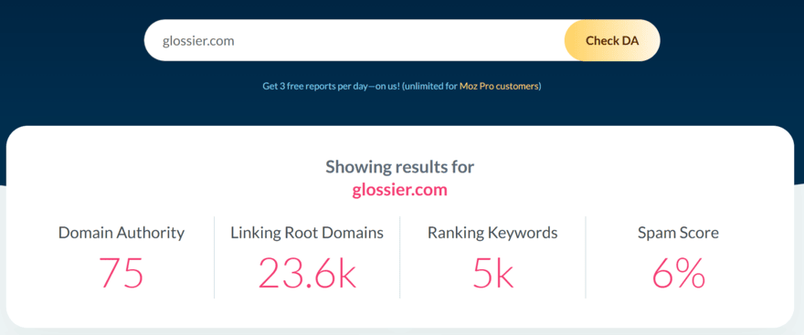 Domain authority checker showing stats for Glossier.com