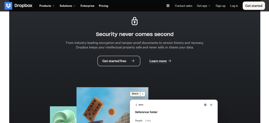 Screenshot of Dropbox's homepage featuring multiple elements like text and photography