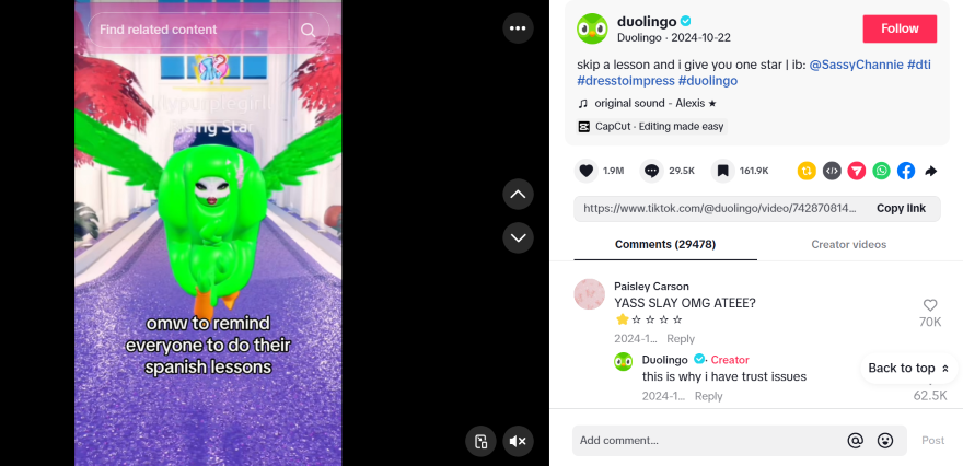 A Duolingo TikTok with comments on show