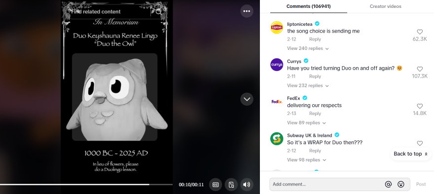 Screenshot of a Duolingo TikTok post on the bird's death alongside verified comments from other brands
