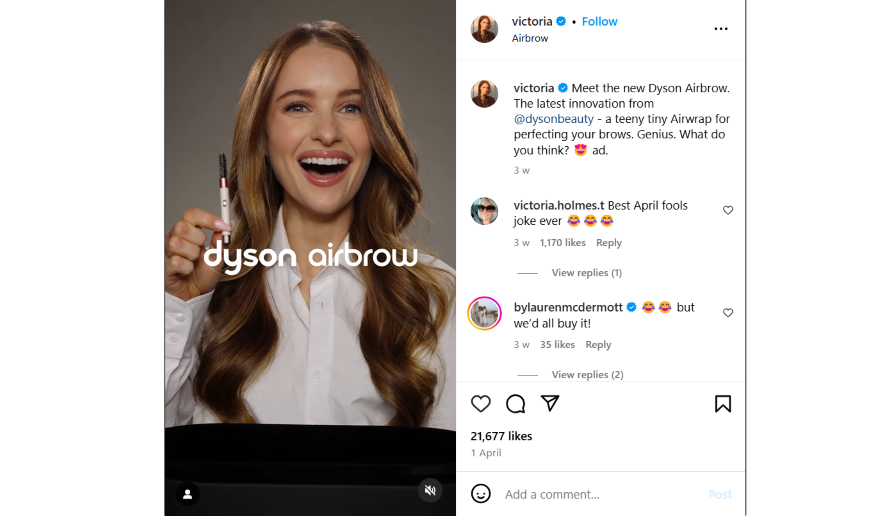Instagram reel showcasing a promo video with a woman smiling for the Dyson Airbrow