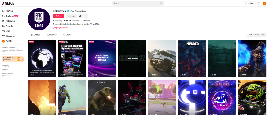 Screenshot of Epic Games' TikTok account with video icons