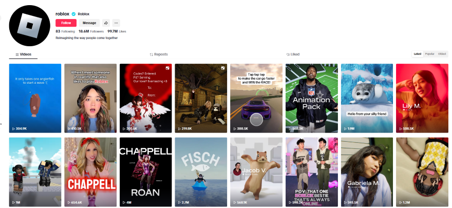 Roblox's TikTok page in desktop view with various video thumbnails