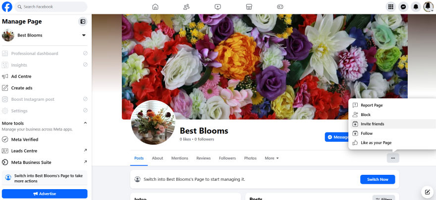 Screenshot of Facebook page for "Best Blooms," showcasing vibrant floral arrangements with page management options on the side.