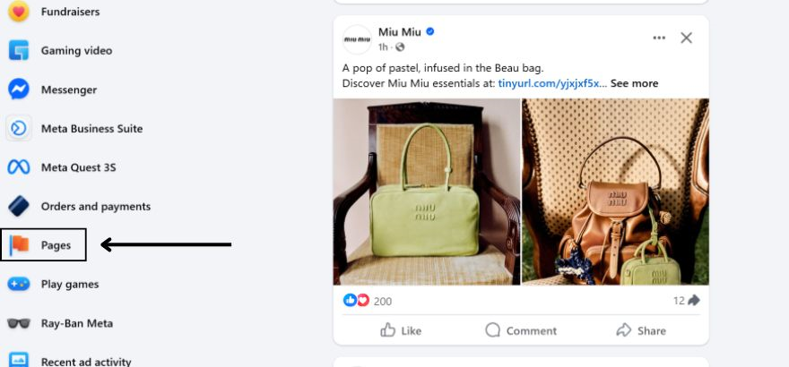 The Facebook homepage with an arrow pointing to a "Pages" button on the left side of the screen