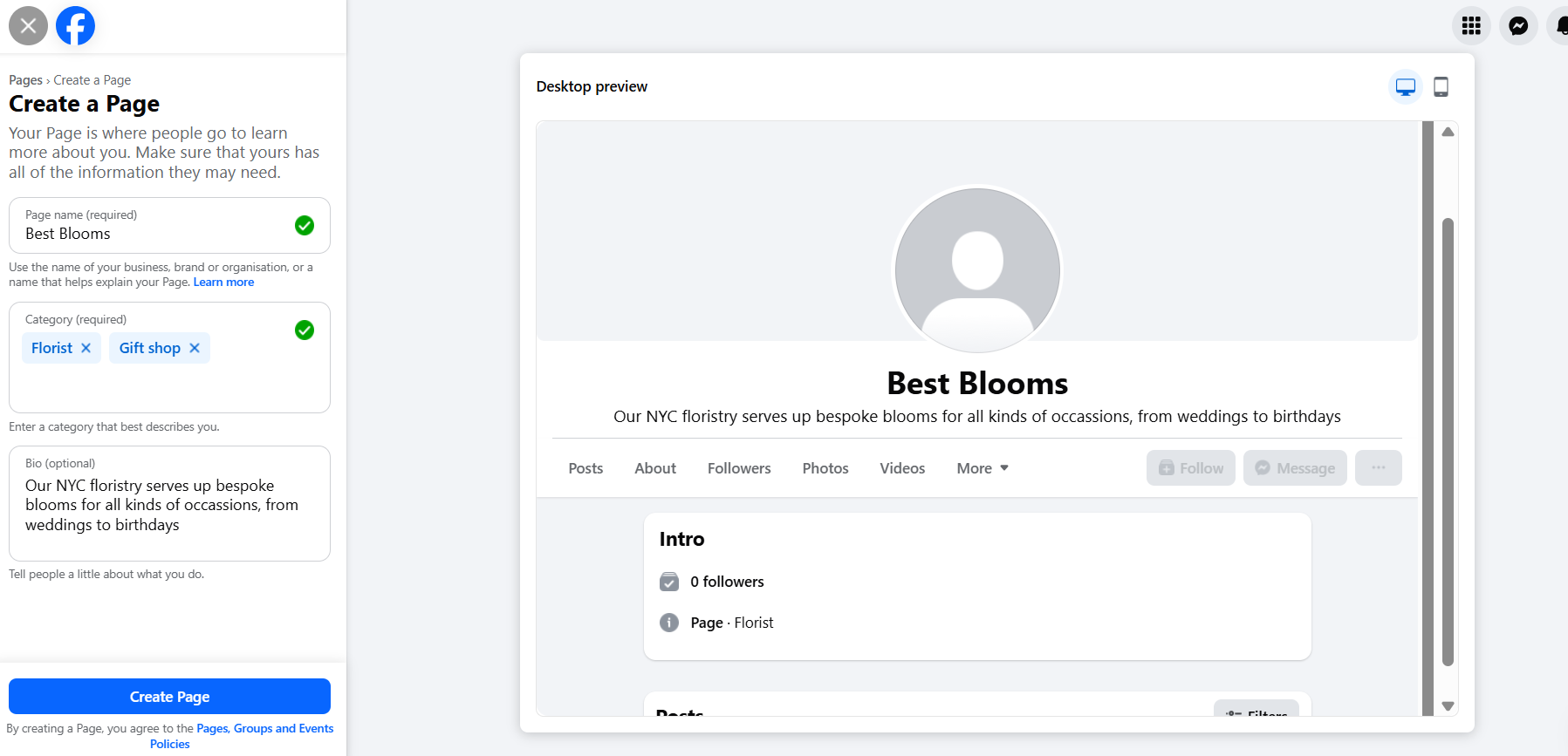 Screenshot of a Facebook Business Page with name, bio, and category tags