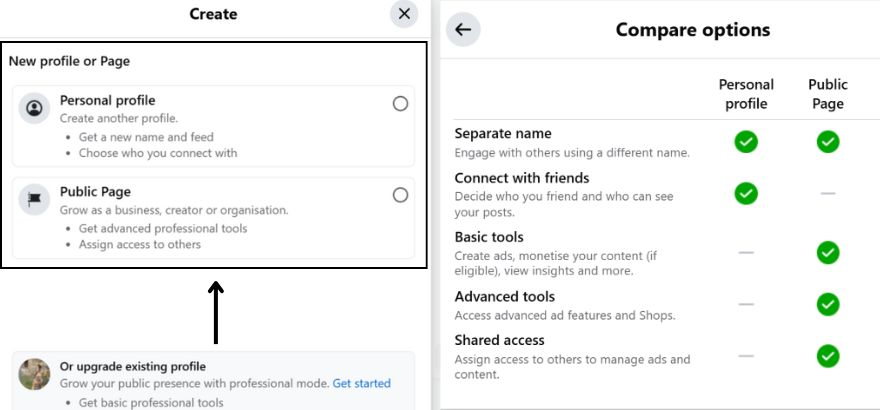 Split screen showing option to choose a "Personal profile" or "Public Page" and a table listing differences between them