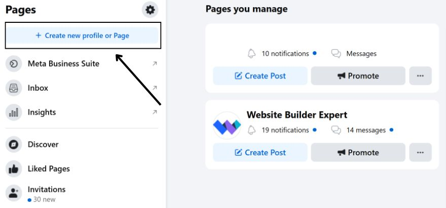 The Facebook "Pages" page wirth an arrow pointing to a blue call to action button