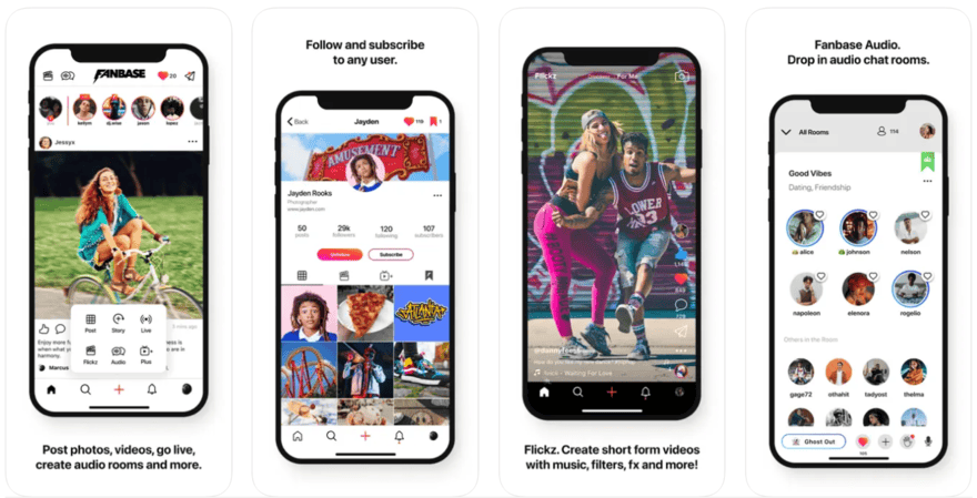 Promotional shots of Fanbase being used on mobiles to show its features and interface