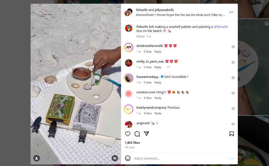 Screenshot of a social media post featuring a user reflecting on their creative process related to painting and beach-themed artwork.