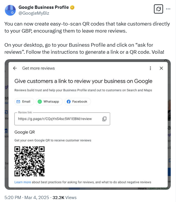 X post from Google Business Profile about the new QR code feature