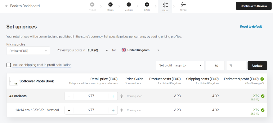 Gelato dashboard showing an estimated profit calculator