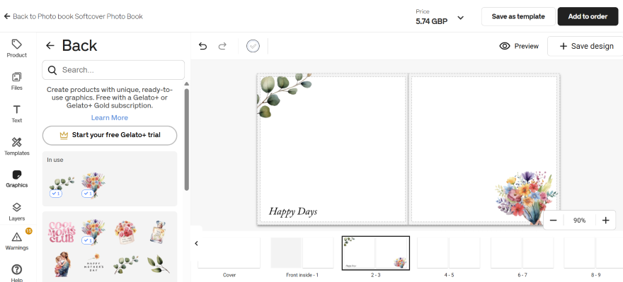 Gelato editor for customizing a photobook