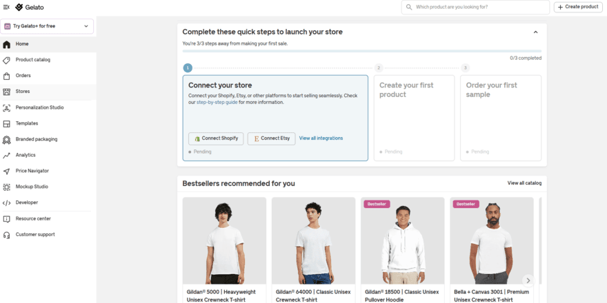Dashboard on Gelato showing setup guide