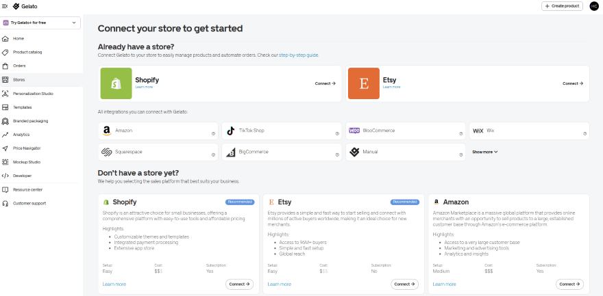 Gelato "Stores" tab dashboard showing integrations with Shopify and Etsy