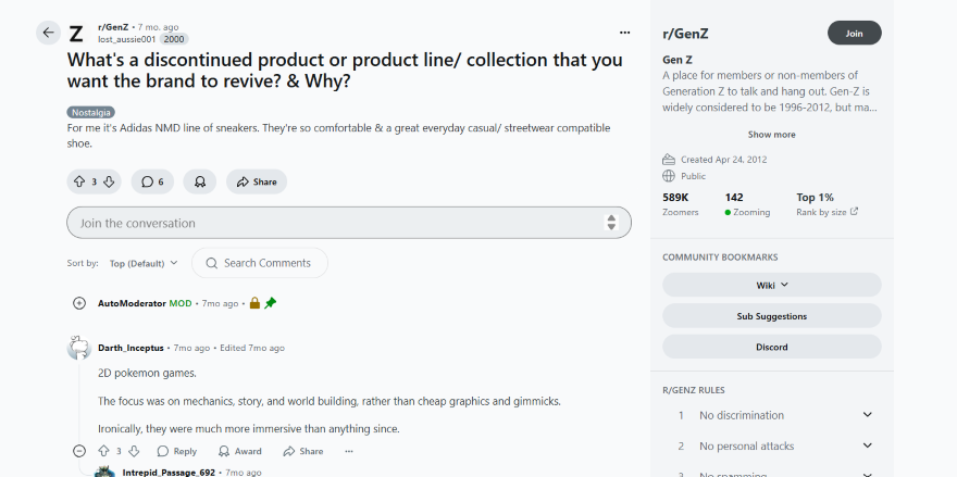 A Reddit post from r/GenZ discussing discontinued products users wish brands would revive, featuring comments on nostalgic items.
