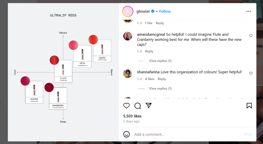 Screenshot of a Glossier Instagram post showcasing different lip colors for different skin tones