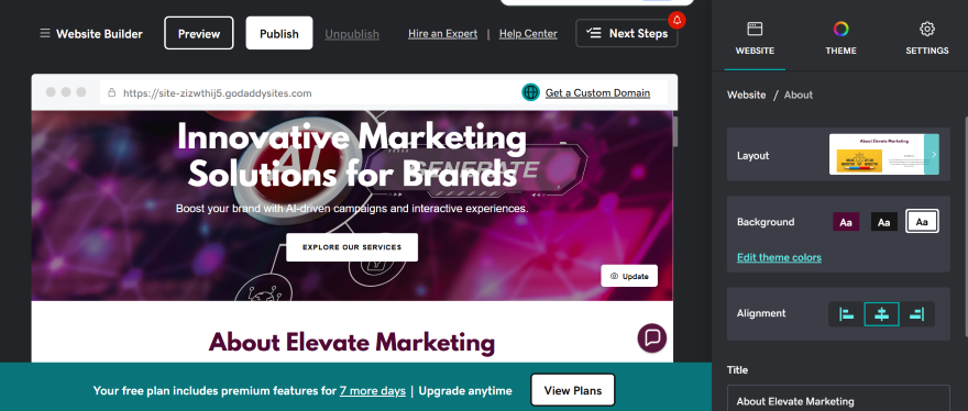 A web design interface showcasing a marketing website titled "Innovative Marketing Solutions for Brands" with vibrant colors and navigation options.