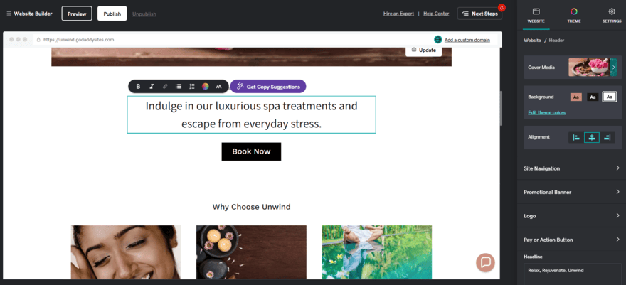 GoDaddy's website editor